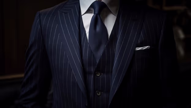 6. Black Pinstripe Suit in Worsted Wool