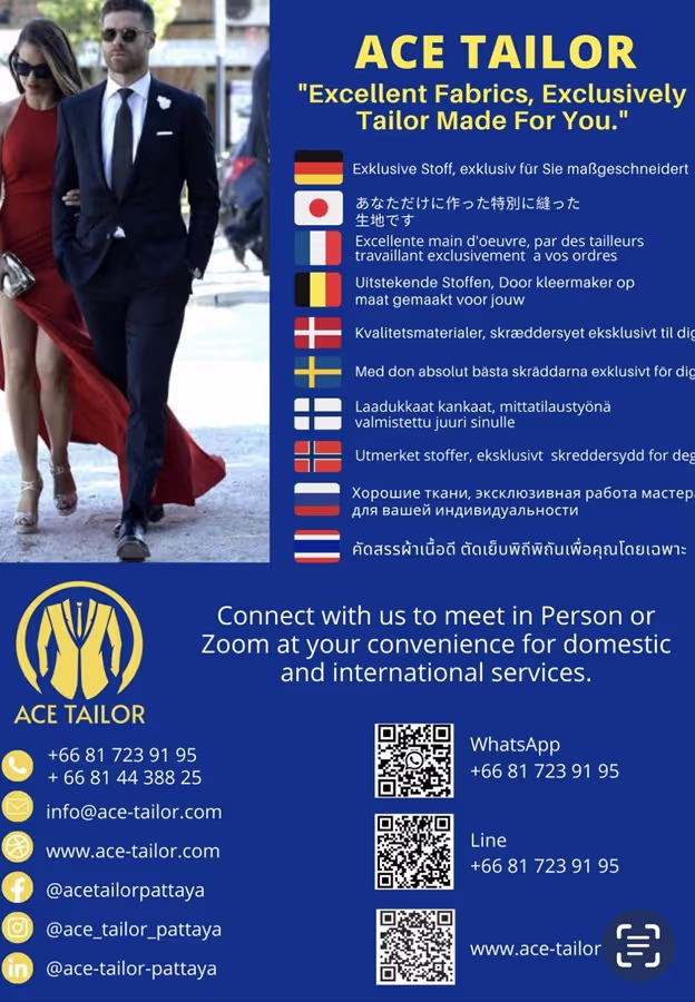 We ACE TAILOR (THAILAND) are happy to advise clients on choosing suiting fabrics, emphasizing the importance of wrinkle-resistant options that align with their personal style and seasonal requirements