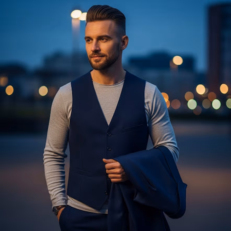 A vest adds sophistication but should be proportionate to your body shape.