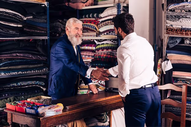 At the locations our designers can show the latest clothing products ( our fabrics, linings, styles, personnel monogram embroidered inner the jackets or on the shirts